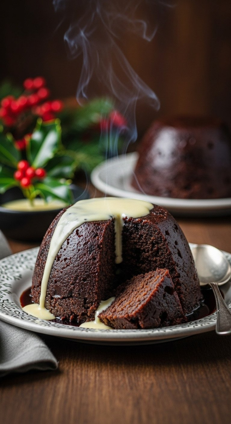 Deep, Rich Christmas Pudding, Steamed And Flaming With Brandy, Topped With Glossy Hard Sauce. Traditional Festive Dessert.