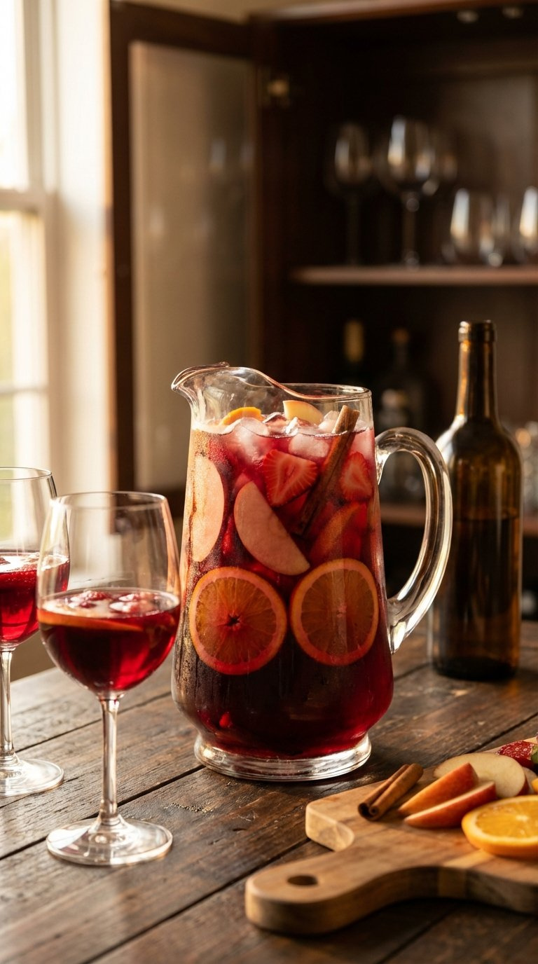 Deep Rich Red Black-Owned Bourbon Sangria In Glass Carafe With Red Fruit Slices And Cinnamon Stick Floating In Ice