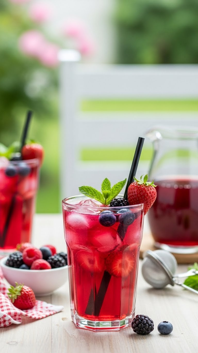 Deep Ruby-Pink Hibiscus Berry Iced Tea In Tall Glass With Mixed Berries And Mint Sprig On Wooden Table
