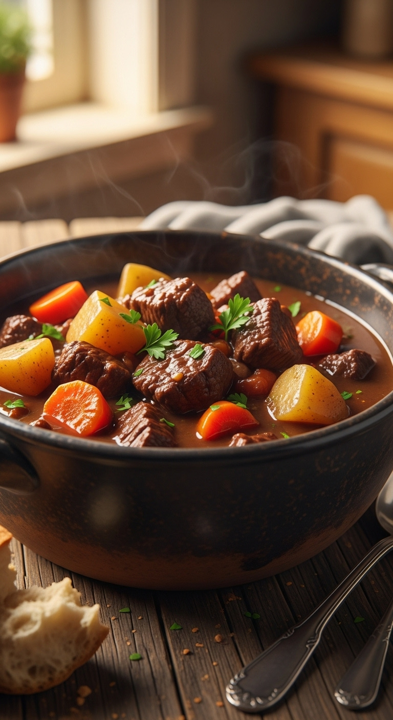 Deep Rustic Stoneware Bowl Filled With Rich Hearty Slow Cooker Beef Stew Tender Beef Carrots Potatoes And Parsley With Crusty Bread