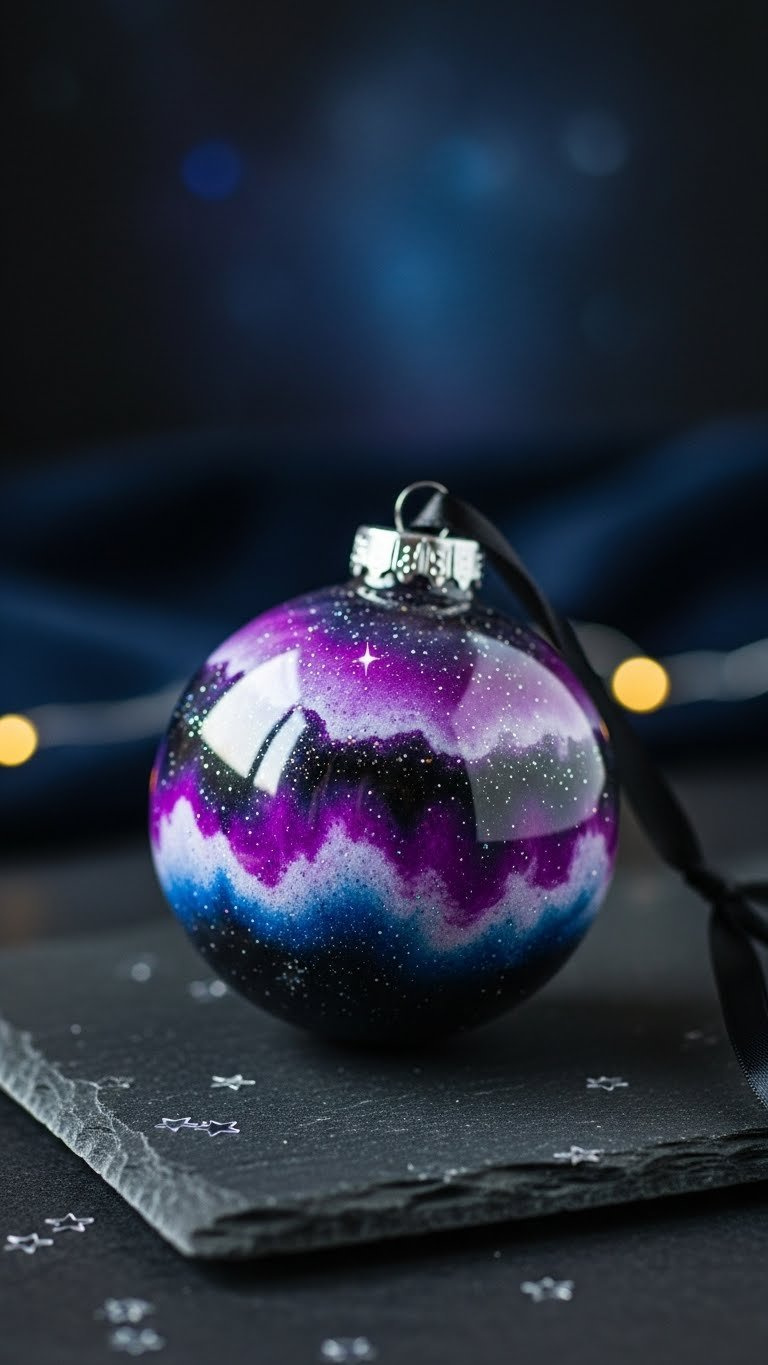 Deep Space Nebula Galaxy Ornament With Swirling Purple And Blue Acrylic Paints Against Dark Slate Surface With Soft Bokeh Background