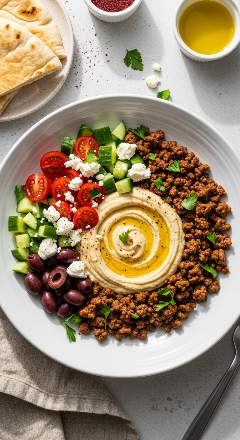 Deep White Bowl Of Creamy Hummus Topped With Seasoned Ground Beef Diced Vegetables Olives And Feta Cheese With Pita Bread