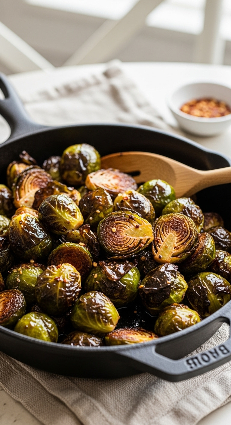 Deeply Caramelized Honey-Glazed Brussels Sprouts In A Cast-Iron Skillet On A Linen Placemat In Soft Natural Window Light
