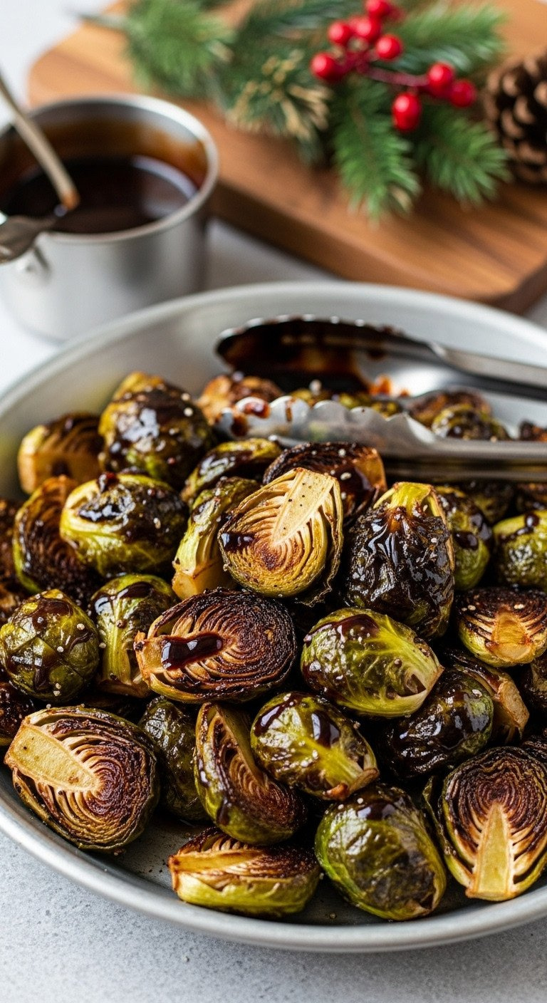 Deeply Caramelized Roasted Brussels Sprouts With Glossy Balsamic Glaze, Charring, Vibrant Green, In A Metal Serving Dish.