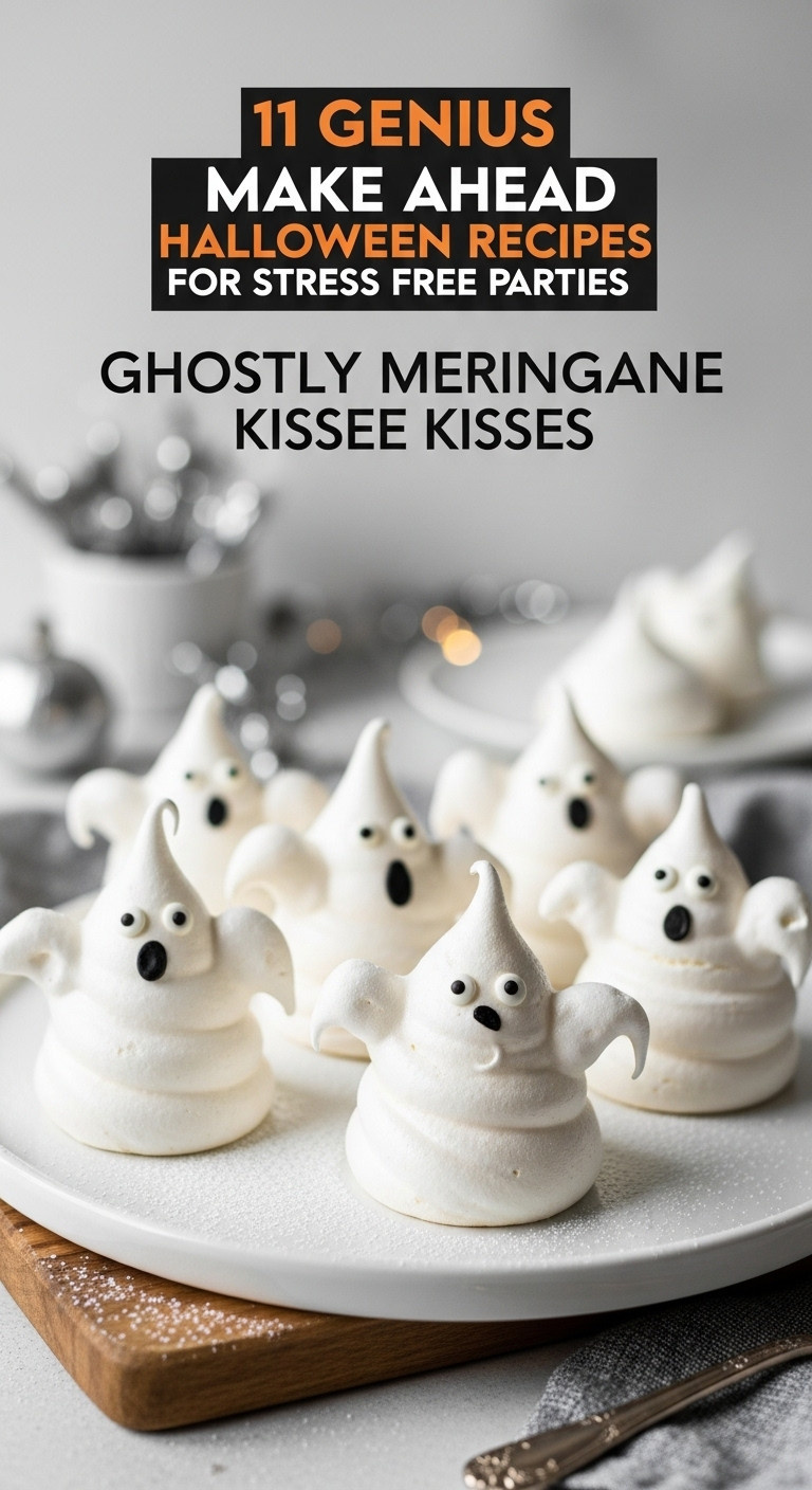 Delicate Halloween Ghostly Meringue Kisses With Googly Eyes On A White Platter. Crisp, Airy, Spooky Dessert With Minimalist Decor.
