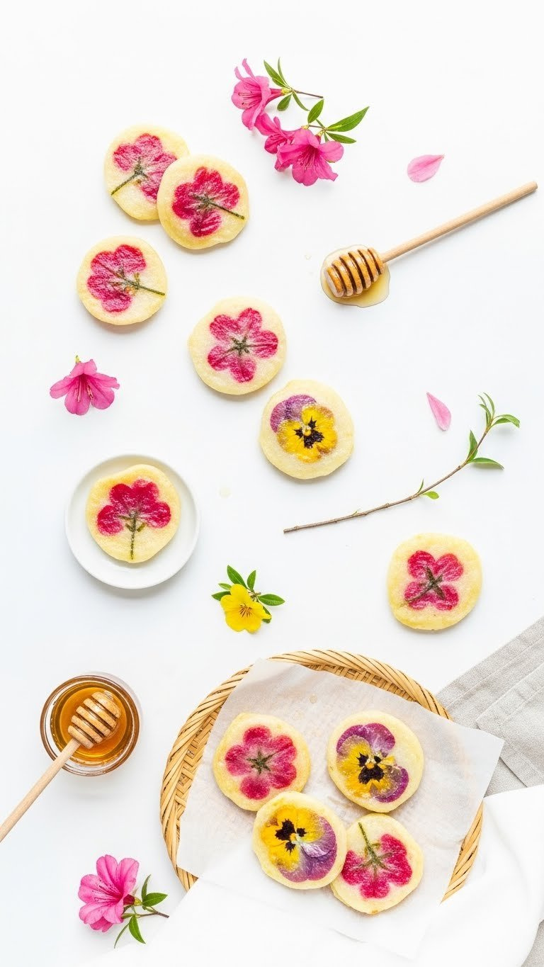 Delicate Hwajeon Pan-Fried Rice Flour Cakes, Adorned With Vibrant Edible Pink And Yellow Flowers On A Bamboo Tray.