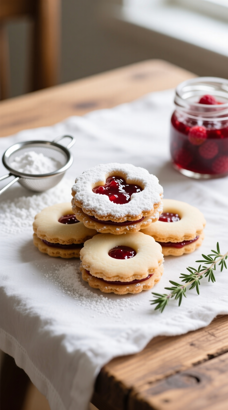 Delicate Linzer Cookies With Vibrant Raspberry Jam Filling, Powdered Sugar Dusting, On Rustic Table With Fresh Thyme.
