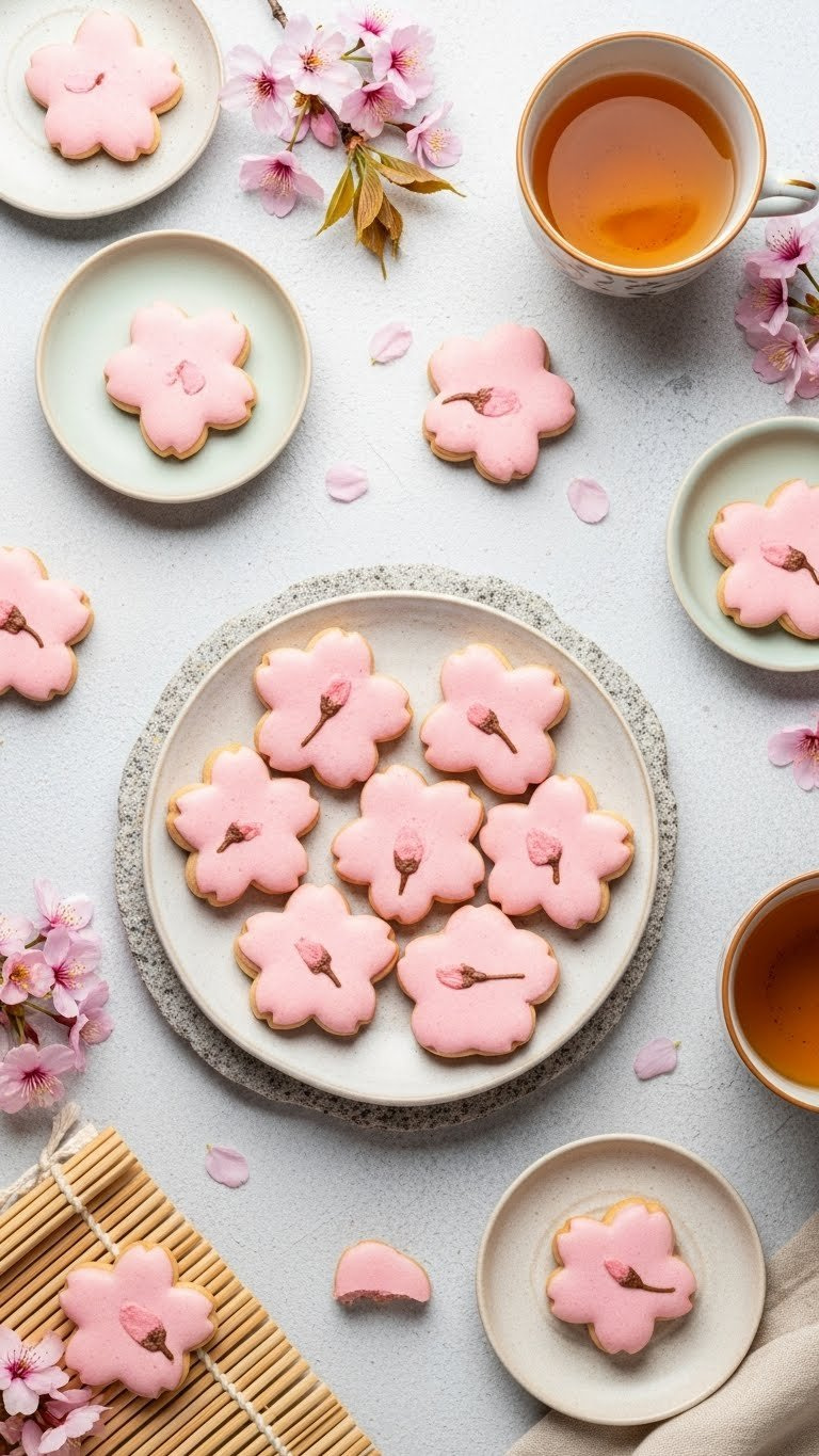 Delicate Cherry Blossom Sakura Cookies Arranged On Stone Surface With Fresh Blossoms And Bamboo Mat