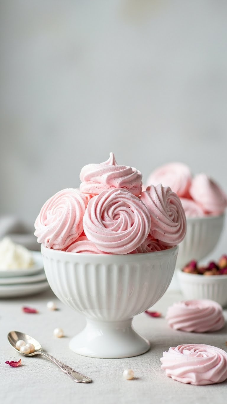 Delicate Cluster Of Airy Pastel Pink Meringue Kisses Dusted With Edible Glitter On Linen Tablecloth