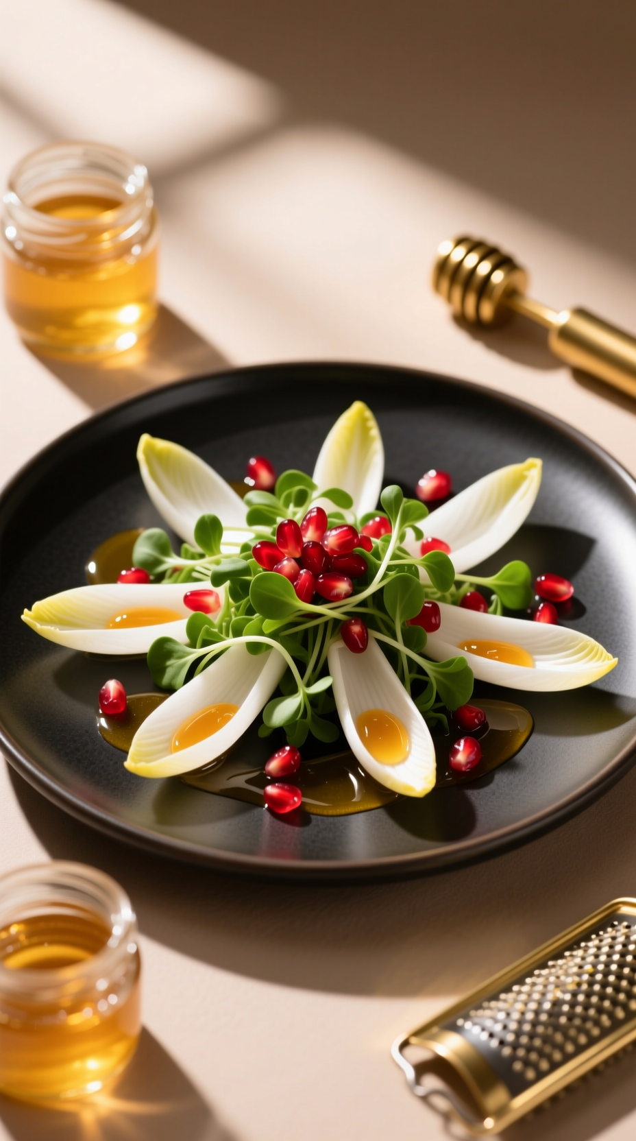 Delicate Gourmet Holiday Salad With Belgian Endive, Microgreens, Pomegranate Seeds, And Honey-Citrus Dressing.