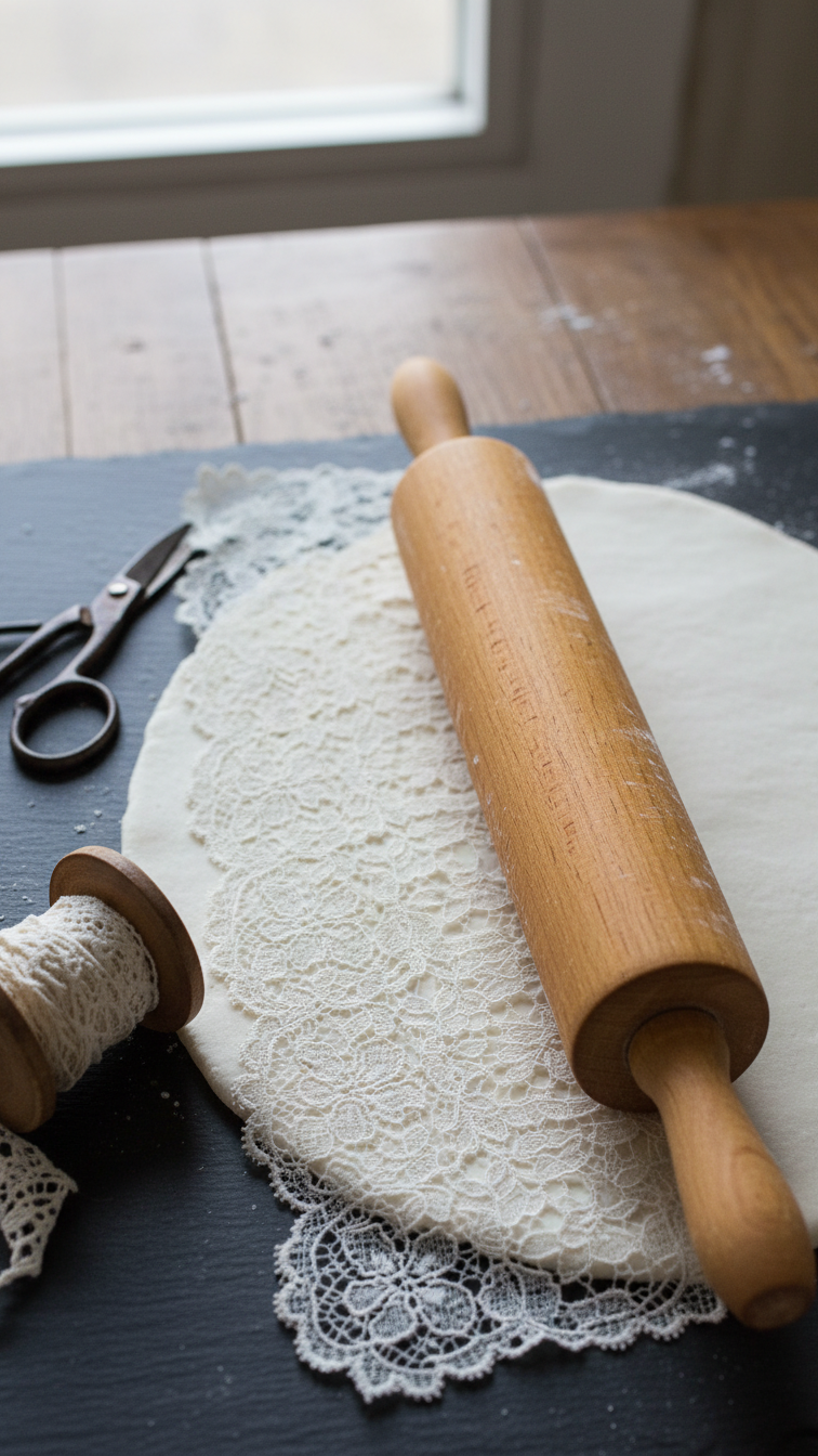 Delicate Lace Fabric Pressed Into Rolled Baking Soda Dough With Wooden Rolling Pin On Dark Slate Surface