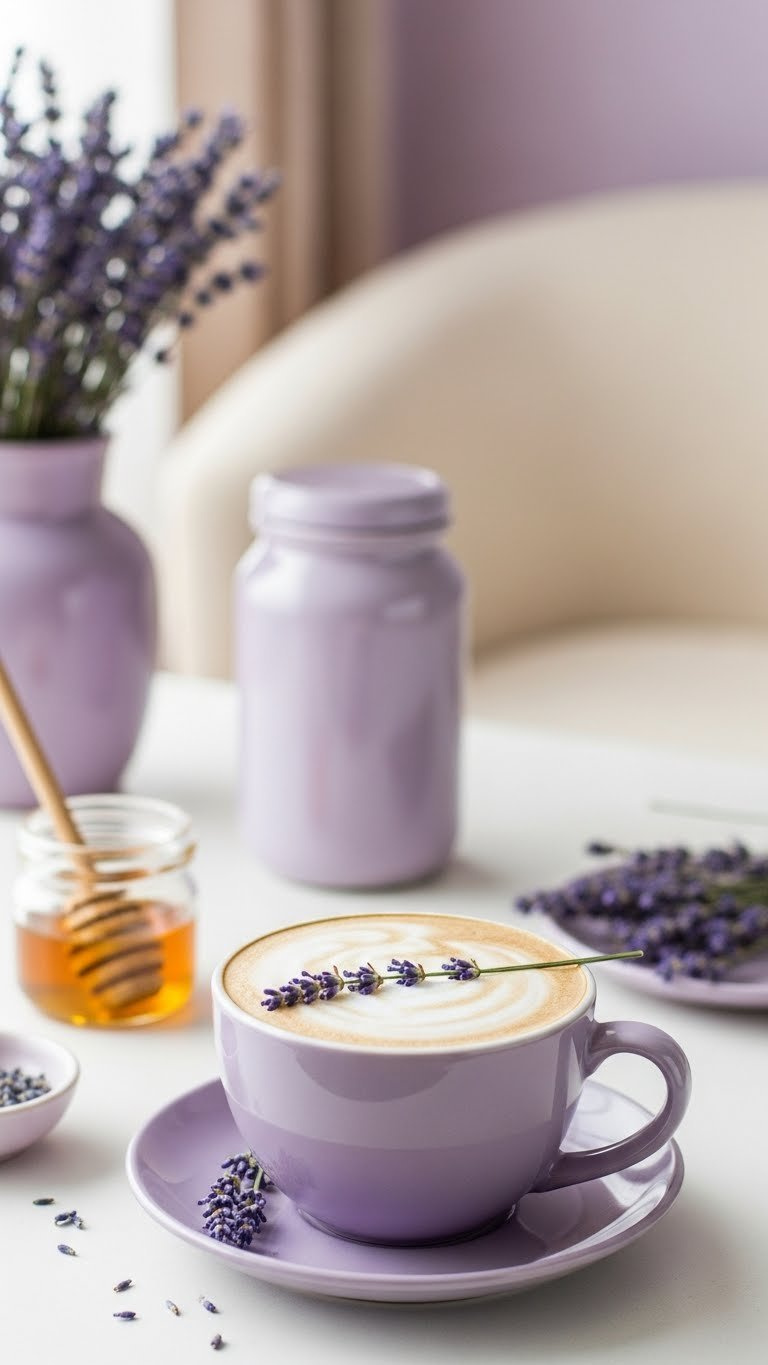 Delicate Lavender Honey Latte In Ceramic Mug With Lavender Sprigs And Foam On Minimalist White Table With Honey Pot.