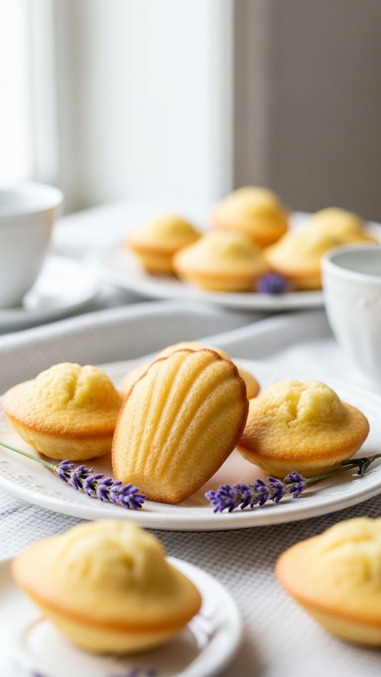 Delicate Lavender Honey Madeleines With Shell Shapes And Powdered Monk Fruit On White Ceramic Plate With Lavender Sprigs