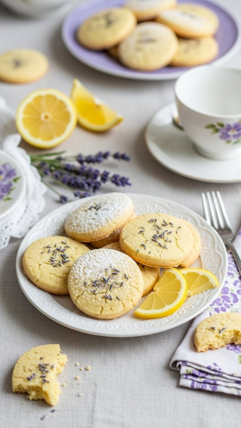 Delicate Lemon Lavender Shortbread Cookies With Powdered Sugar And Lavender Specks On A Vintage Plate With Fresh Lemons And Lavender Sprigs.