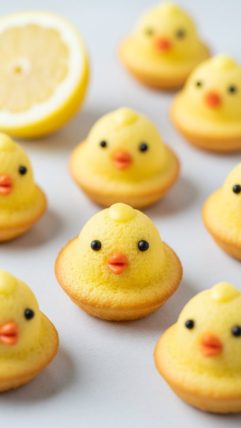 Delicate Lemon Madeleines Decorated As Baby Chicks With Yellow Coloring And Candy Details On Rustic Surface With Soft Lighting