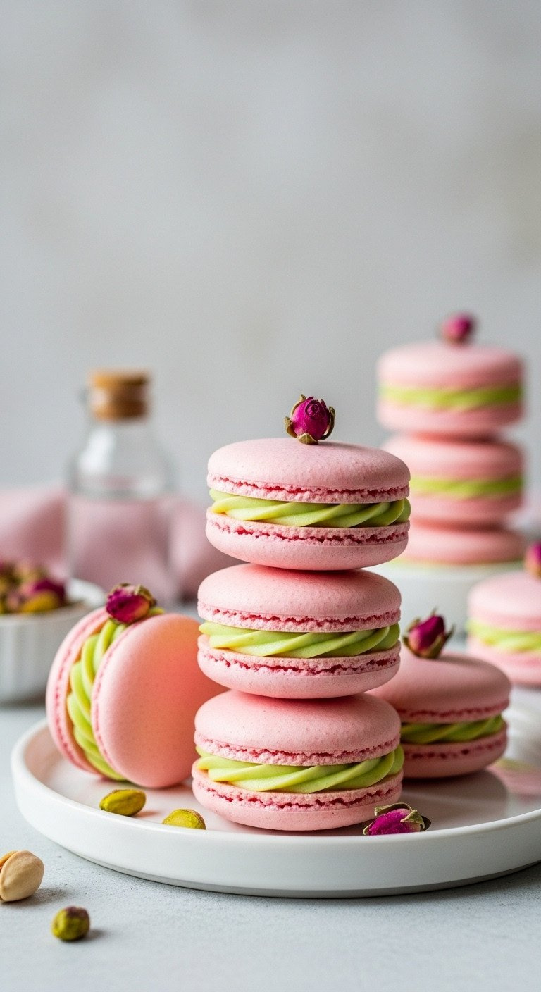 Delicate Light Pink French Macarons With Pistachio Buttercream &Amp; Rosebud On White Plate. Gourmet Dessert With Rose Water.