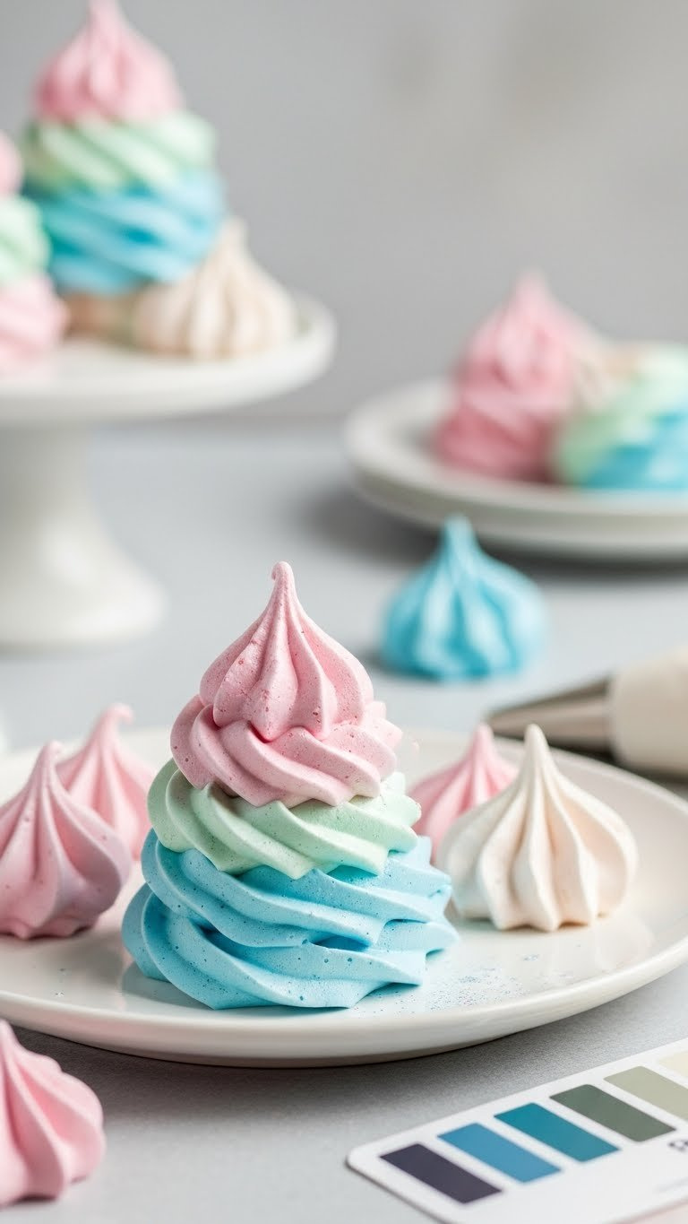 Delicate Ombre Meringue Kisses In Pastel Shades With Crisp Peaks On White Serving Plate