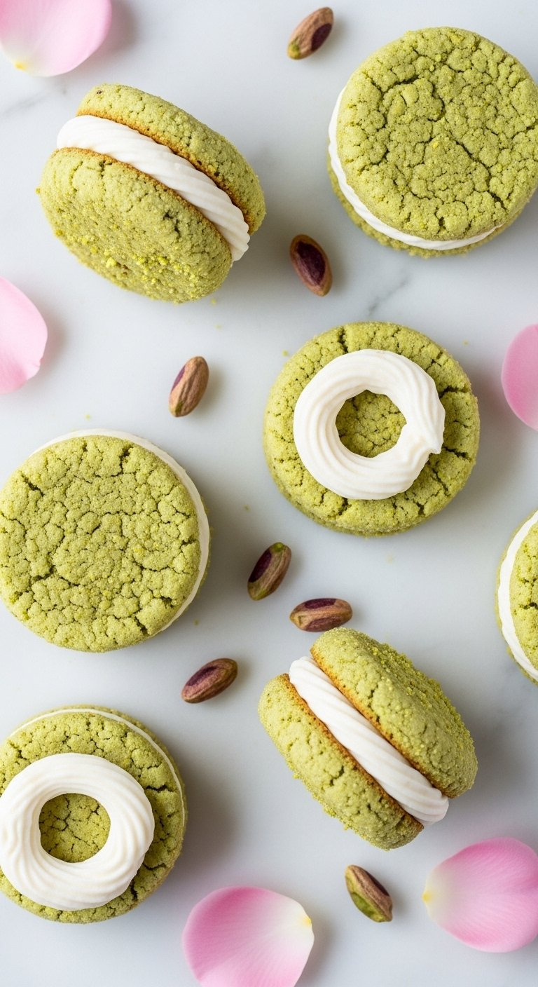 Delicate Pale Green Pistachio And Rosewater Sandwich Cookies Filled With White Buttercream On Marble Surface With Rose Petals.