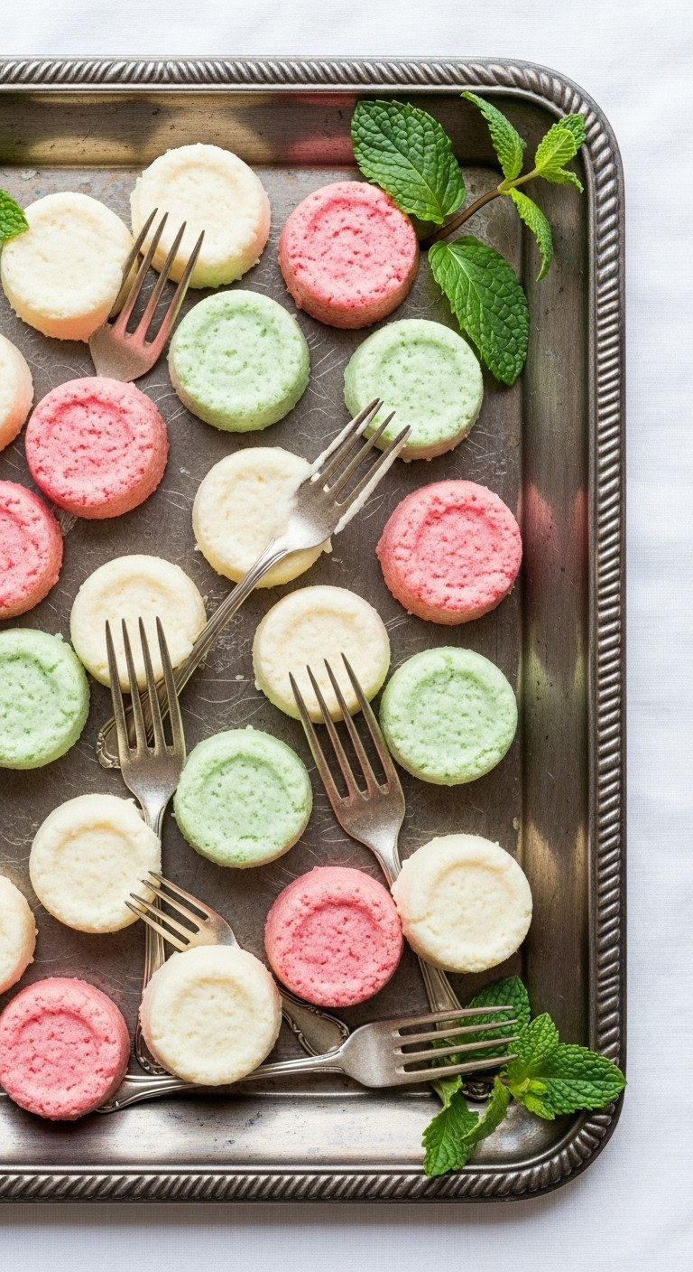 Delicate Pastel Cream Cheese Mints, White, Red, Green, With Fork Imprints, On A Vintage Silver Tray, Elegant Holiday Candy.