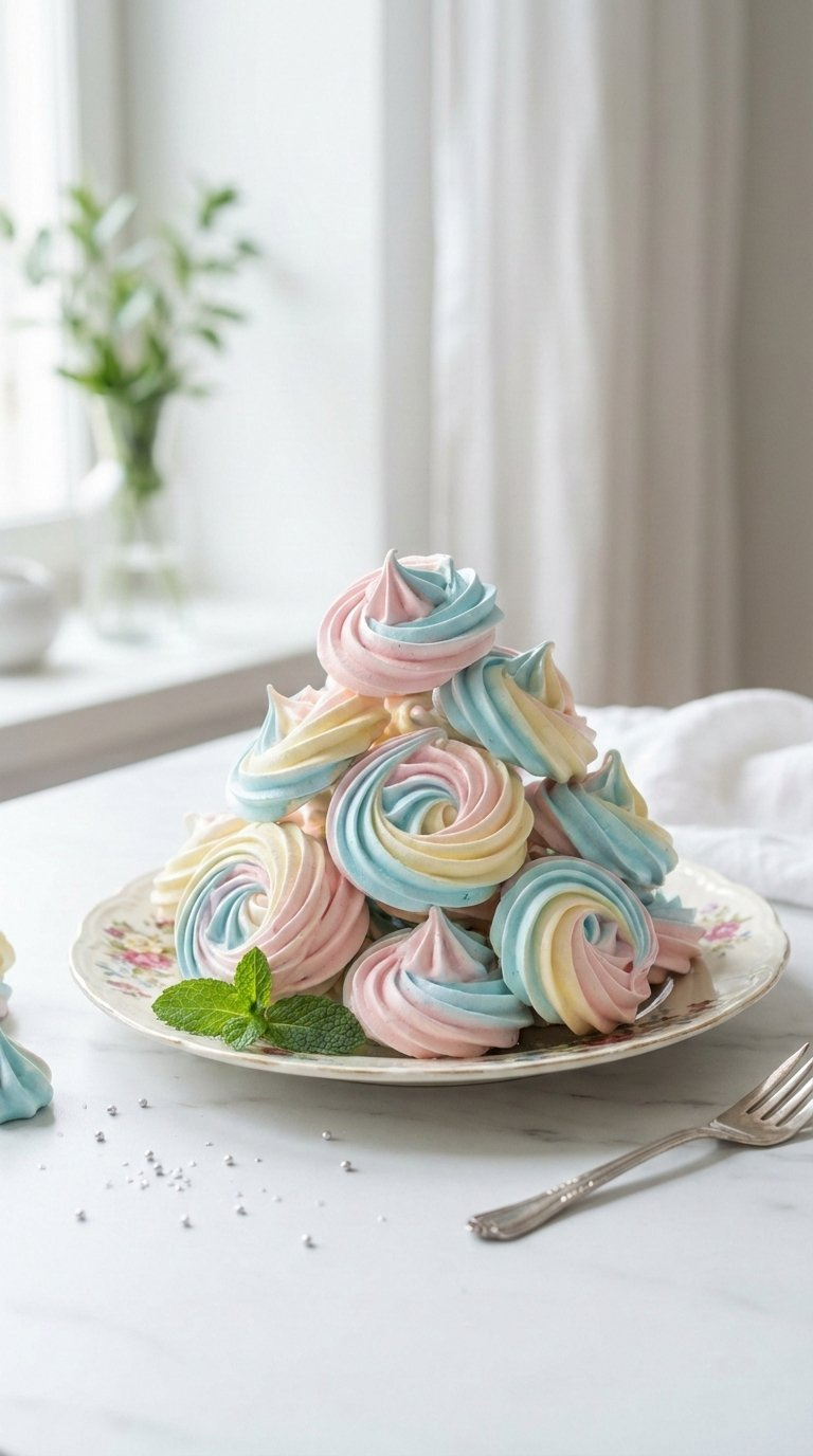 Delicate Pastel Swirl Meringues With Crisp Texture Arranged On Vintage Ceramic Plate With Soft Lighting