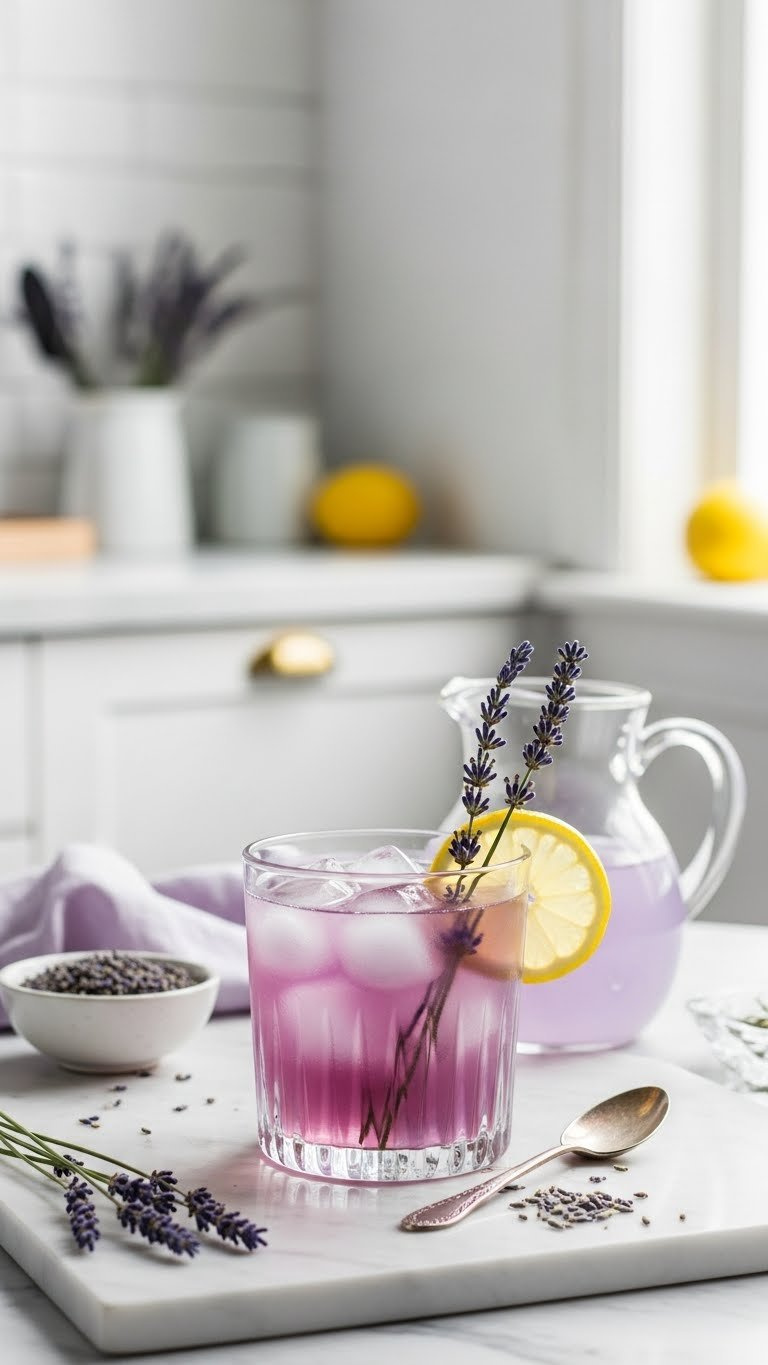 Delicate Purple Lavender Earl Grey Iced Tea With Lavender Sprig And Lemon Slice On Marble Countertop
