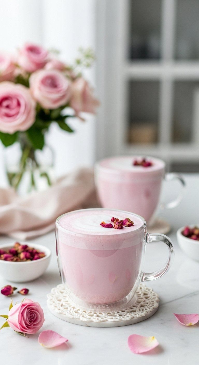 Delicate Rose Dream Latte With White Microfoam And Dried Rose Petals On Marble.