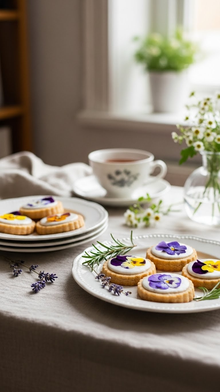 Delicate Shortbread Cookies Topped With Edible Flowers And Herbs On Linen Tablecloth With Vintage Ceramic Plate