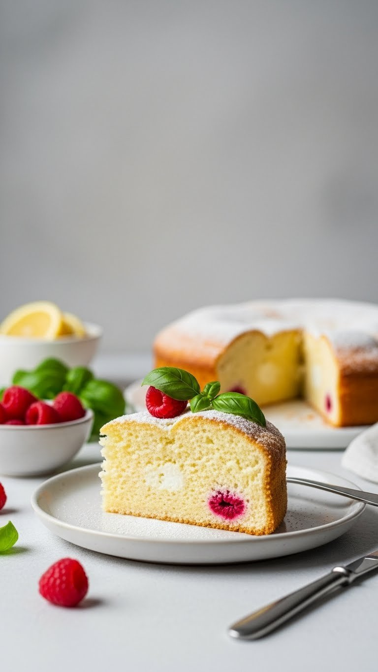 Delicate Slice Of Light Lemon Ricotta Cake With Airy Crumb And Ricotta Pockets, Dusted With Powdered Sugar On Ceramic Plate With Raspberries