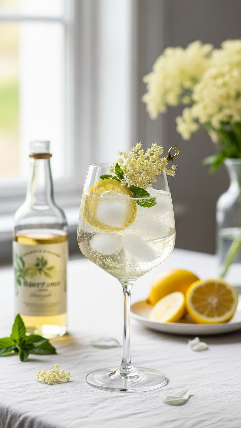 Delicate Sparkling Elderflower Spritz With Lemon Twist And Edible Flower In Elegant Stemmed Glass