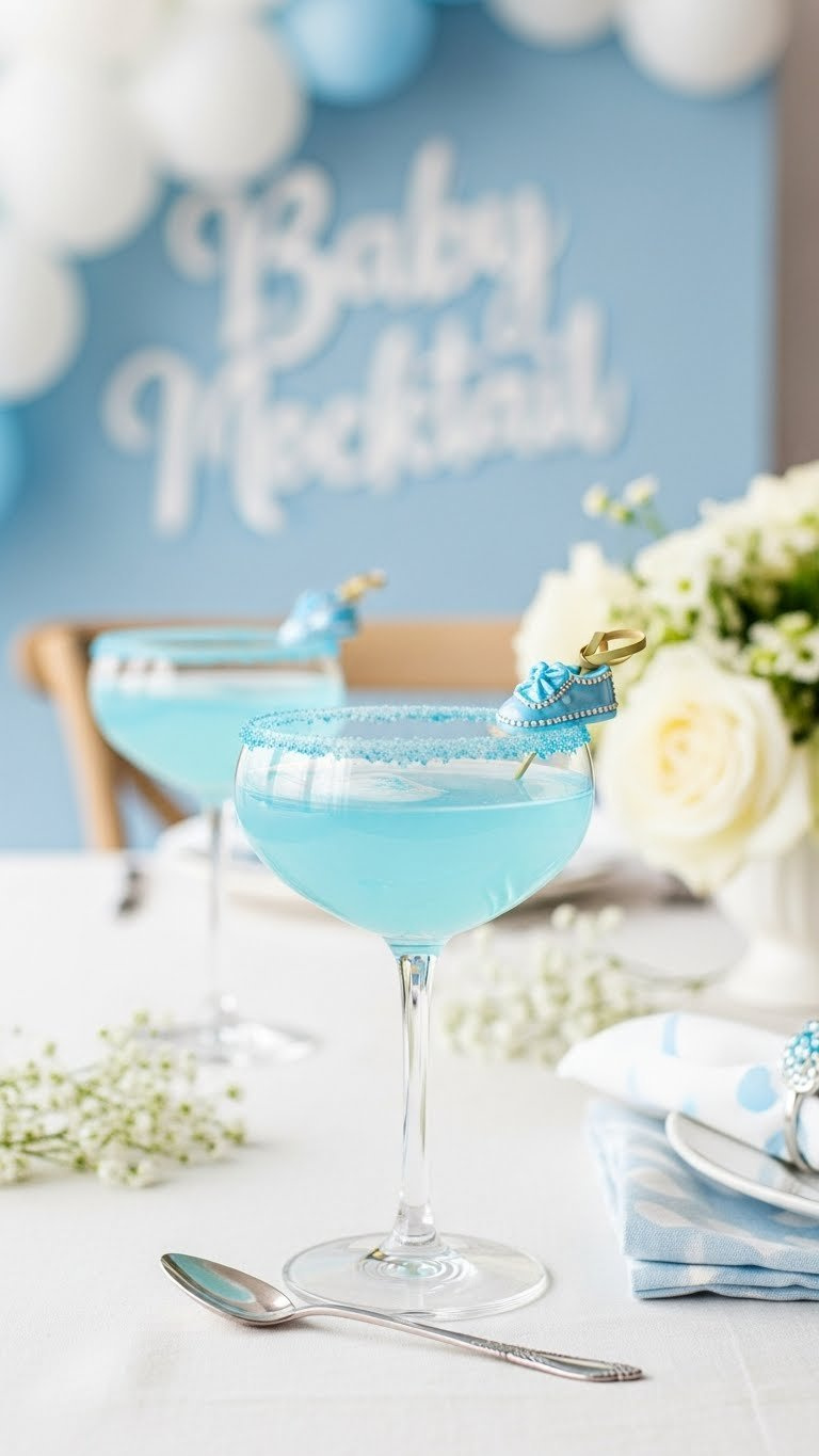Delicate Translucent Baby Blue Mocktail In Elegant Stemmed Glass With Baby Shoe Charm On White Linen Tablecloth