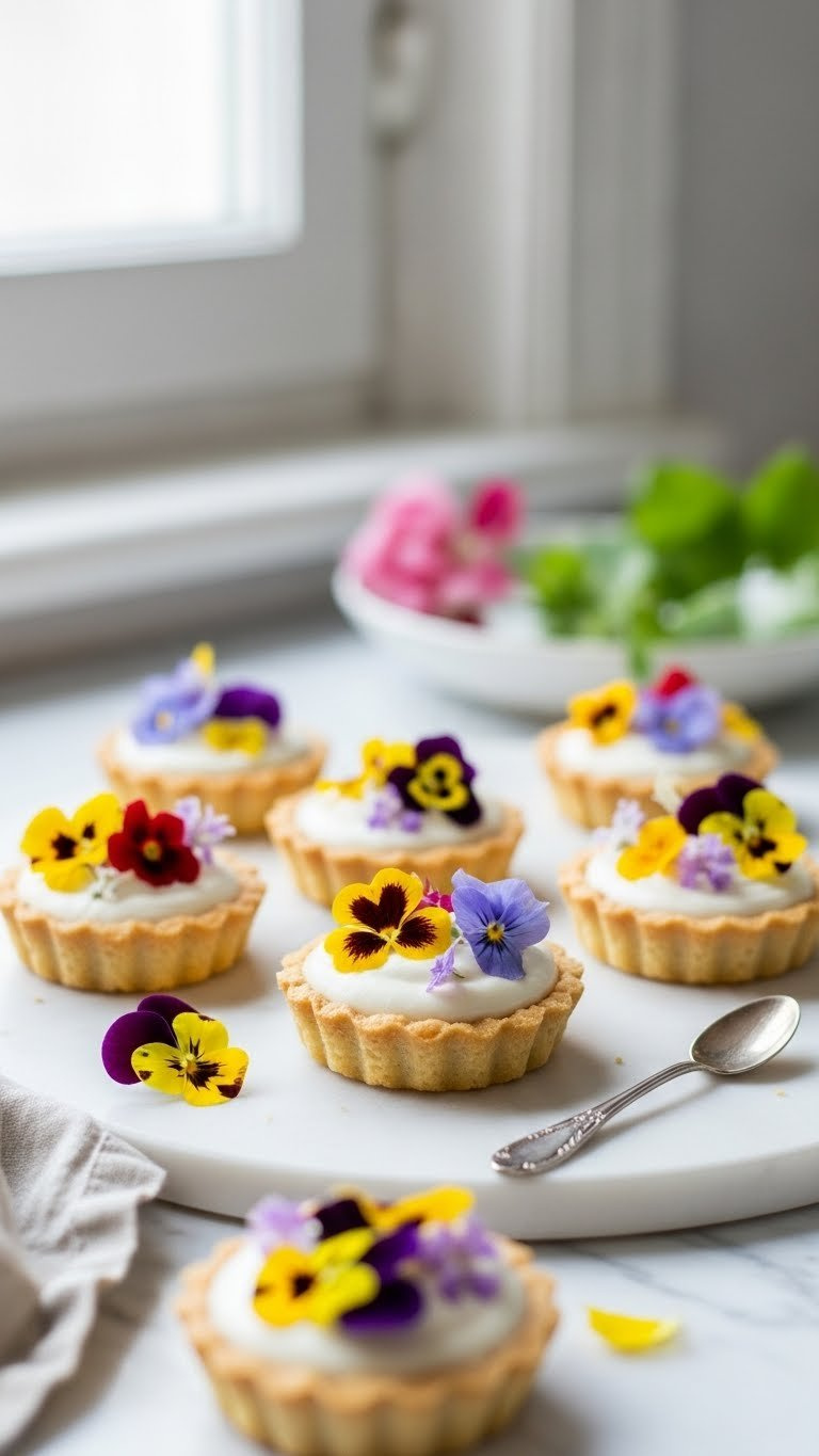 Delicate Vegan Edible Flower Tarts With Cashew Cream Filling Adorned With Colorful Fresh Flowers On Marble Surface