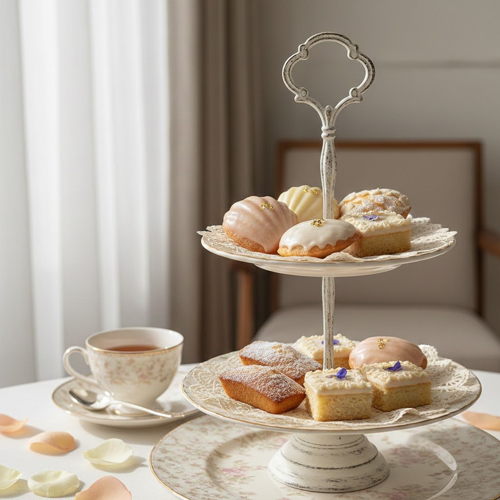 Delicate Vintage-Inspired Teacakes With Intricate Patterns And Edible Floral Accents On Tiered Cake Stand