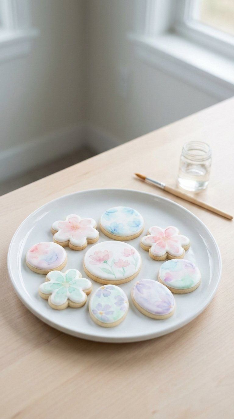 Delicate Watercolor-Style Decorated Sugar Cookies With Soft Pastel Gradients On White Ceramic Plate In Minimalist Setting