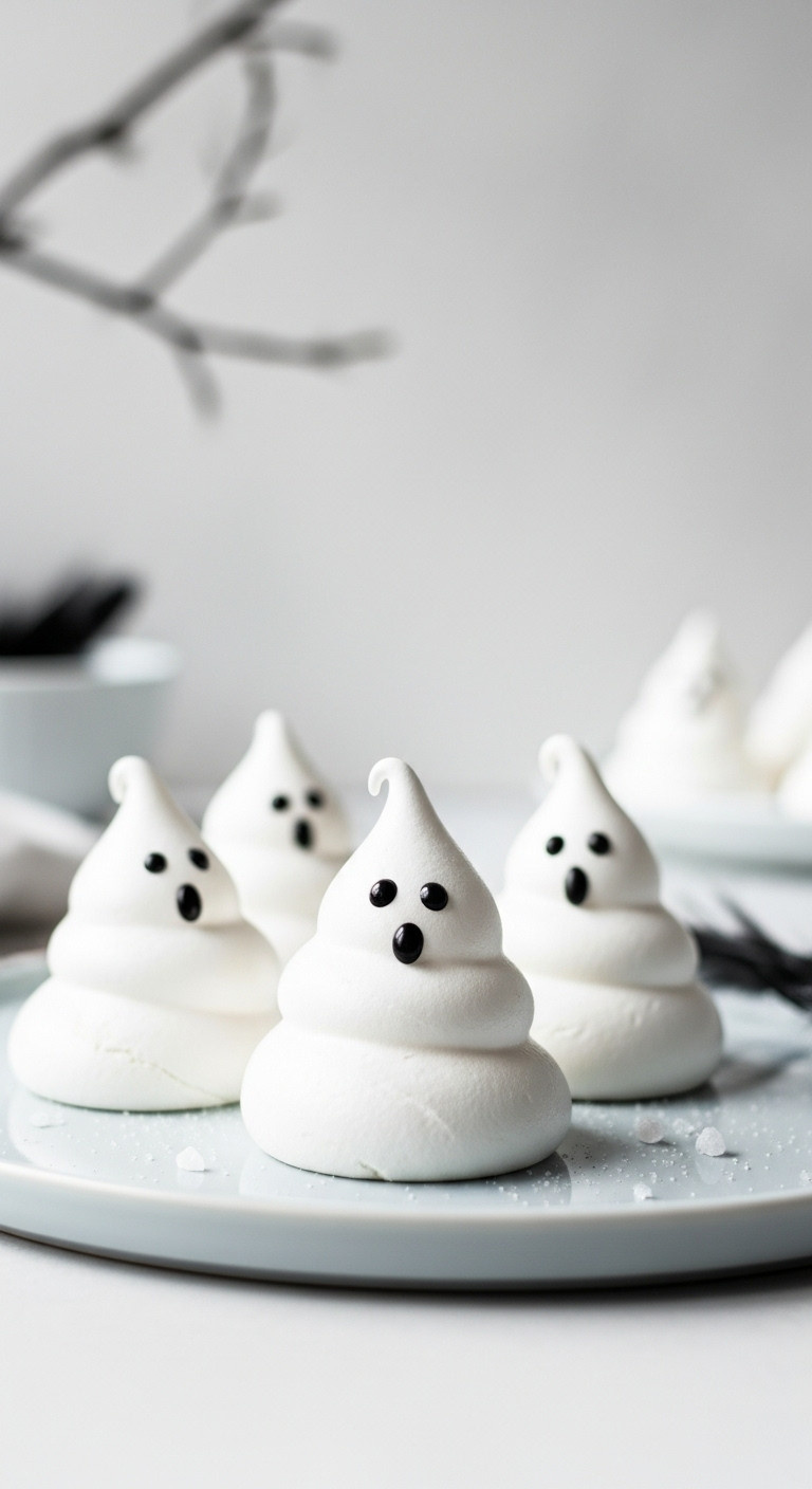 Delicate White Ghost Meringue Cookies With Black Edible Eyes, Showcasing Light Texture On A Pale Grey Platter, Minimal Shadows.