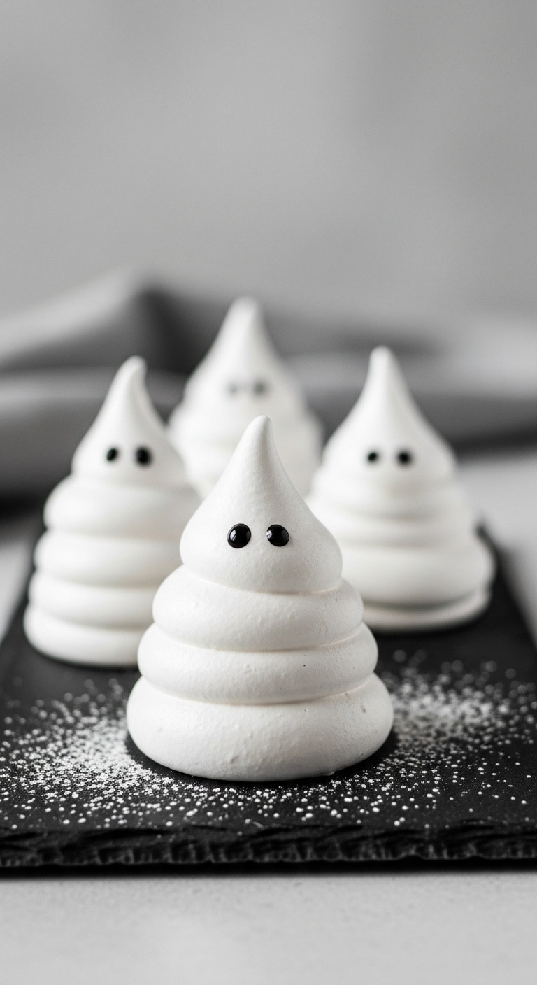 Delicate White Ghost Meringue Cookies With Black Eyes On A Dark Slate Board. Whimsical Halloween Dessert Recipe.