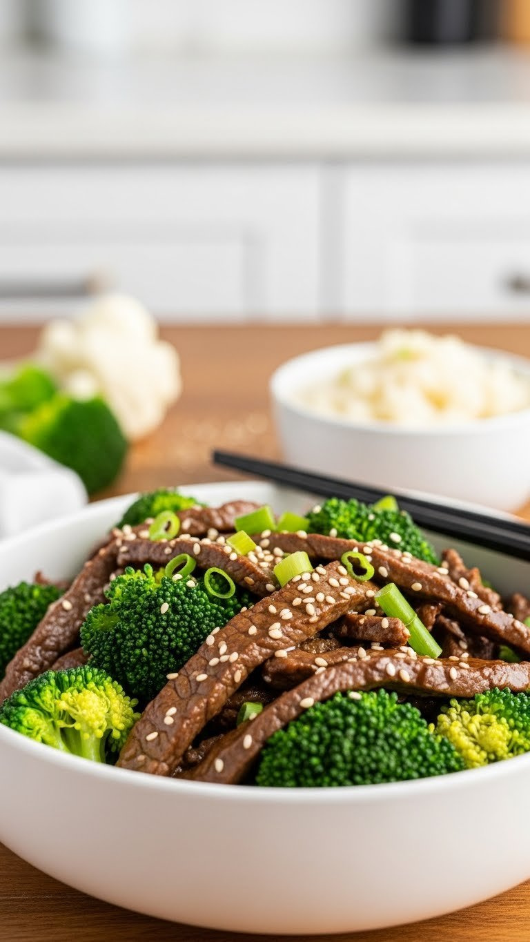 Delicious 21 Day Fix Instant Pot Beef And Broccoli With Tender Beef And Vibrant Green Florets In A White Bowl.