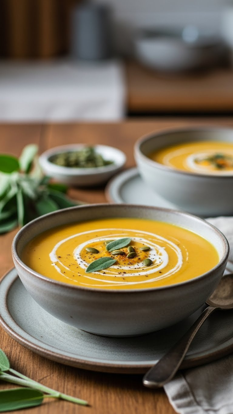 Delicious 21 Day Fix Instant Pot Butternut Squash Soup With Coconut Cream And Pumpkin Seeds In A Rustic Bowl.