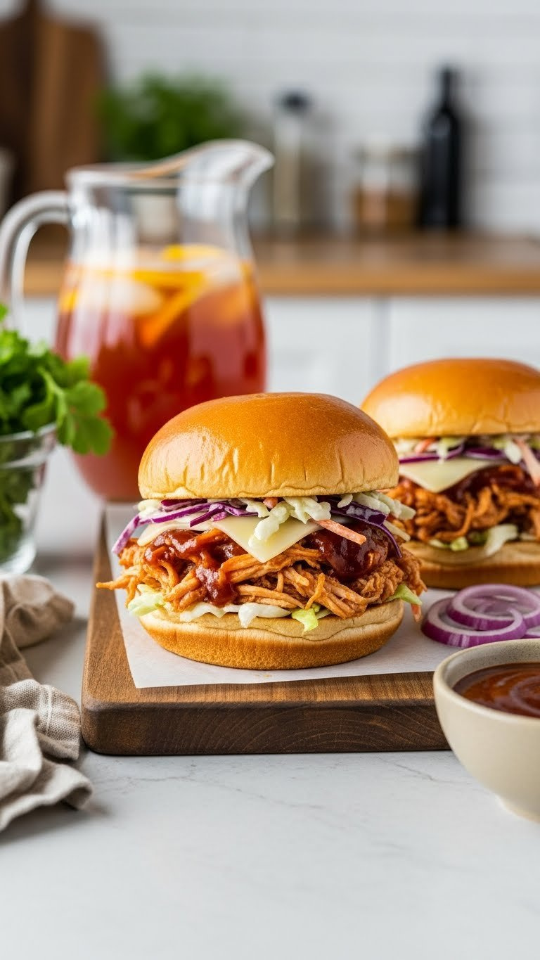Delicious Instant Pot Bbq Pulled Chicken Sandwich With Melty Cheese, Crisp Coleslaw, And Fresh Cilantro On A Wooden Board.