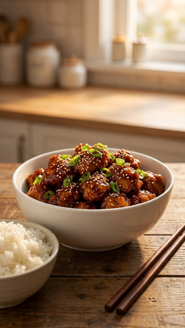 Delicious Instant Pot General Tso's Chicken, Glossy With Dark Sauce, Fresh Green Onions, Sesame Seeds, And Fluffy White Rice.