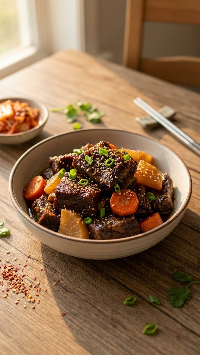 Delicious Instant Pot Korean Beef Short Ribs (Galbi Jjim), Tender With Rich Glaze, Colorful Vegetables, Sesame Seeds.