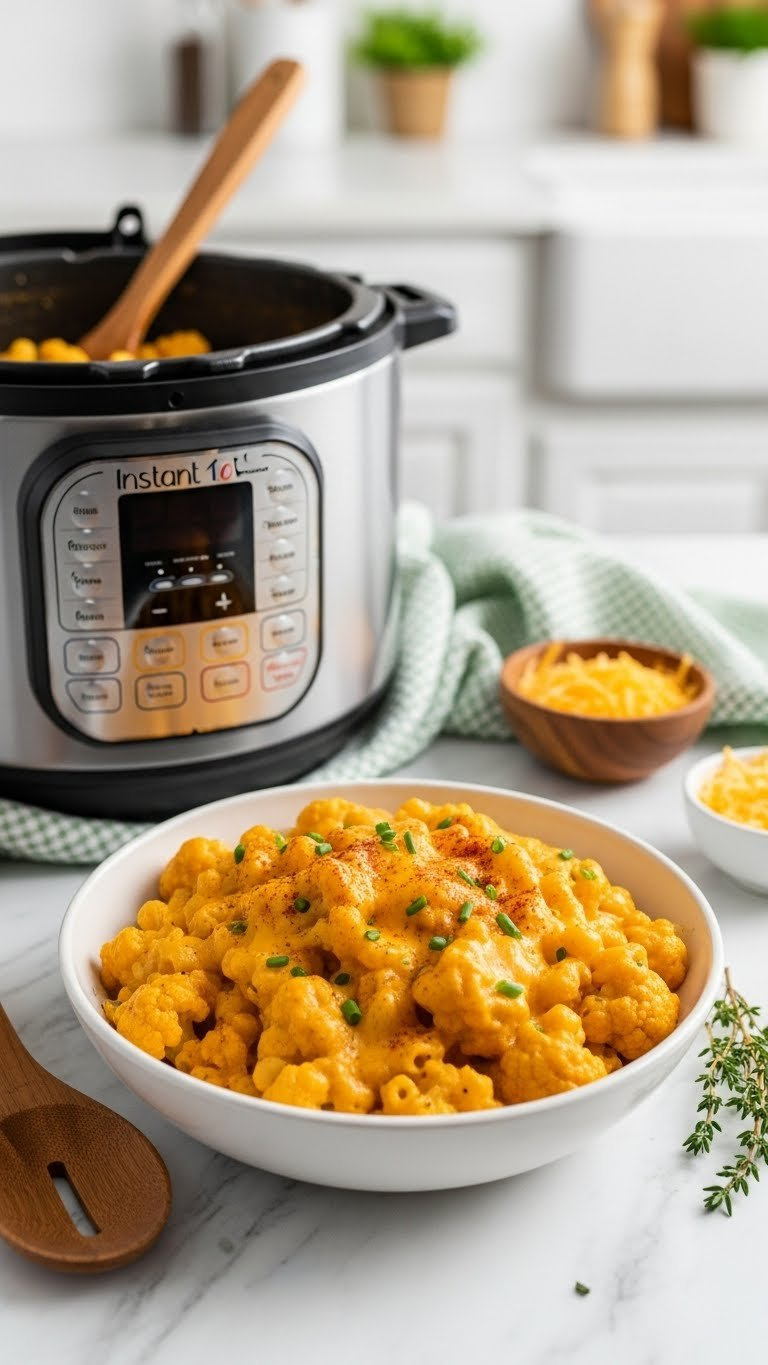 Delicious Instant Pot Cauliflower Mac And Cheese, Garnished With Chives And Cheese, Served With A Spoon On A Marble Countertop.