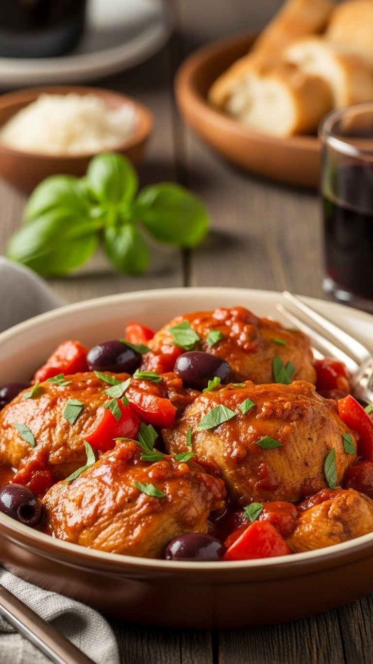 Delicious Instant Pot Chicken Cacciatore In A Rustic Serving Bowl With Tender Chicken, Vegetables, And Thick Sauce.