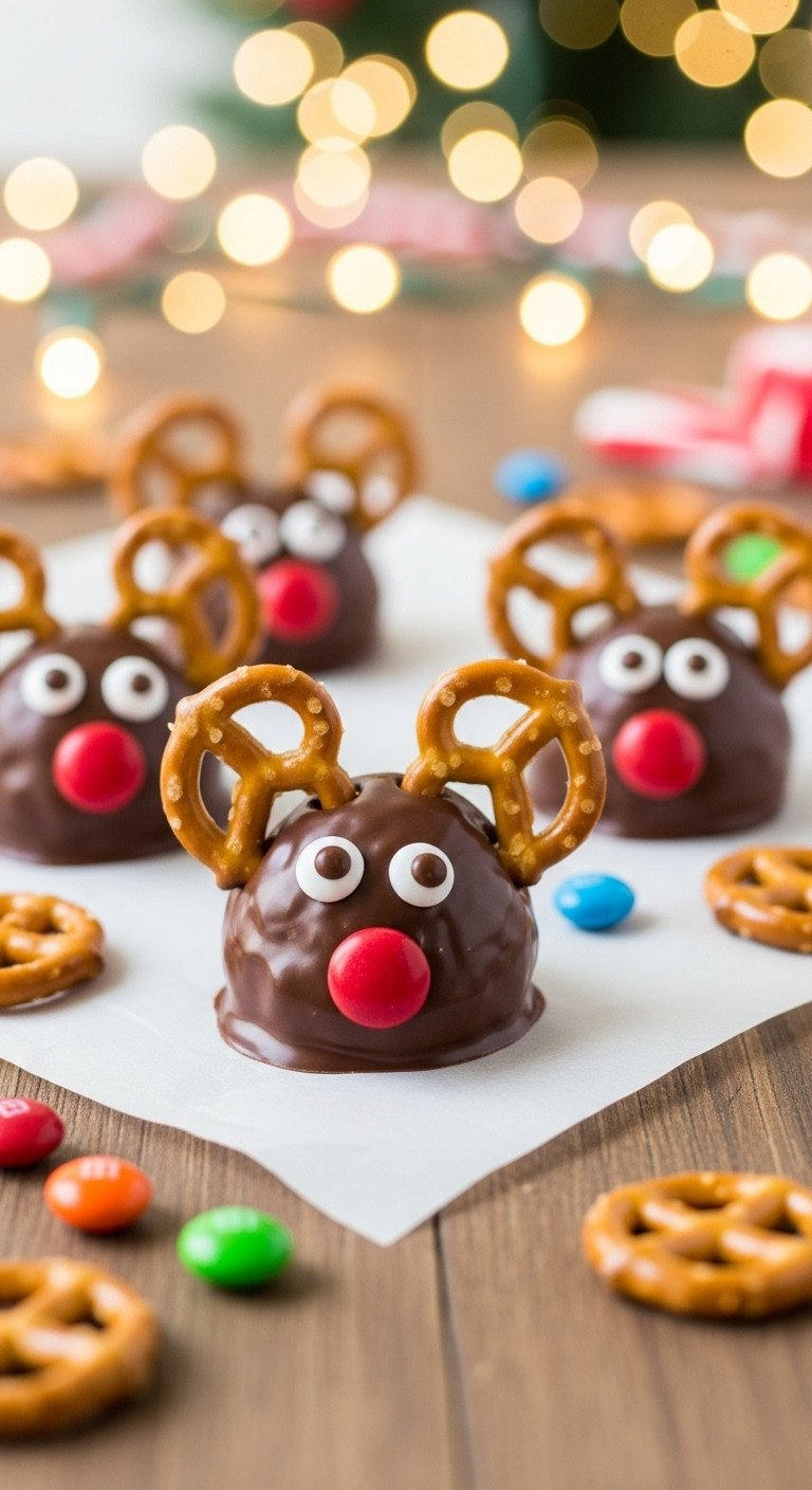 Delicious Rolo Pretzel Reindeer Treats With Glossy Chocolate, Red Candy Noses, Pretzel Antlers On Parchment. Rustic Table, Blurred Christmas Lights.