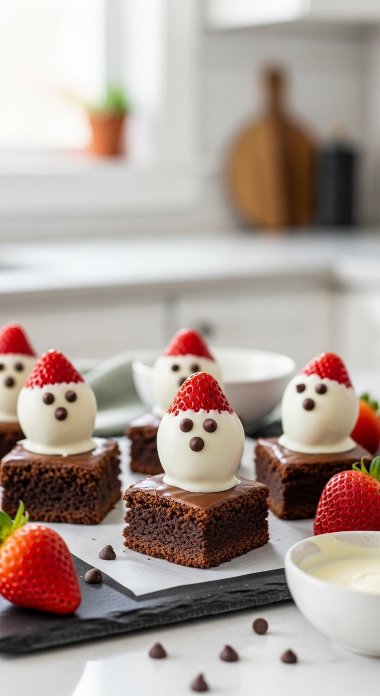Delicious Strawberry Ghost Brownie Bites With White Chocolate Strawberries, Chocolate Chip Eyes On A Slate Tray.