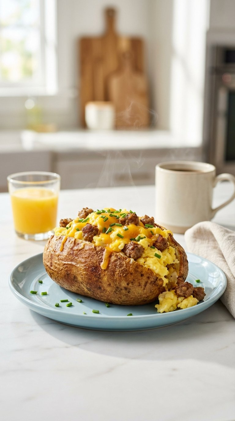 Delicious Breakfast Baked Potato Filled With Fluffy Scrambled Eggs, Sausage, Melted Cheddar, And Fresh Chives