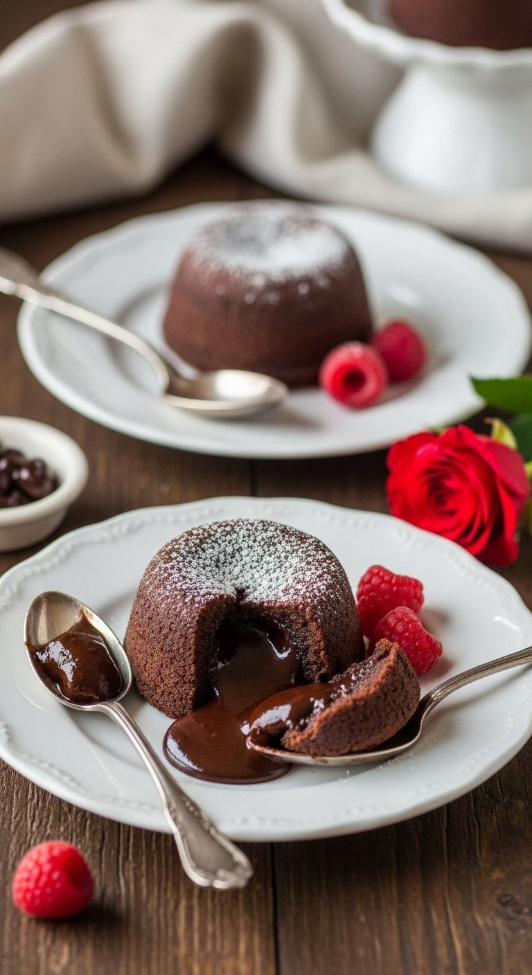 Delicious Chocolate Lava Cakes, One Showing Molten Center, Dusted With Powdered Sugar, Fresh Raspberries On White Plates. Elegant Dessert.