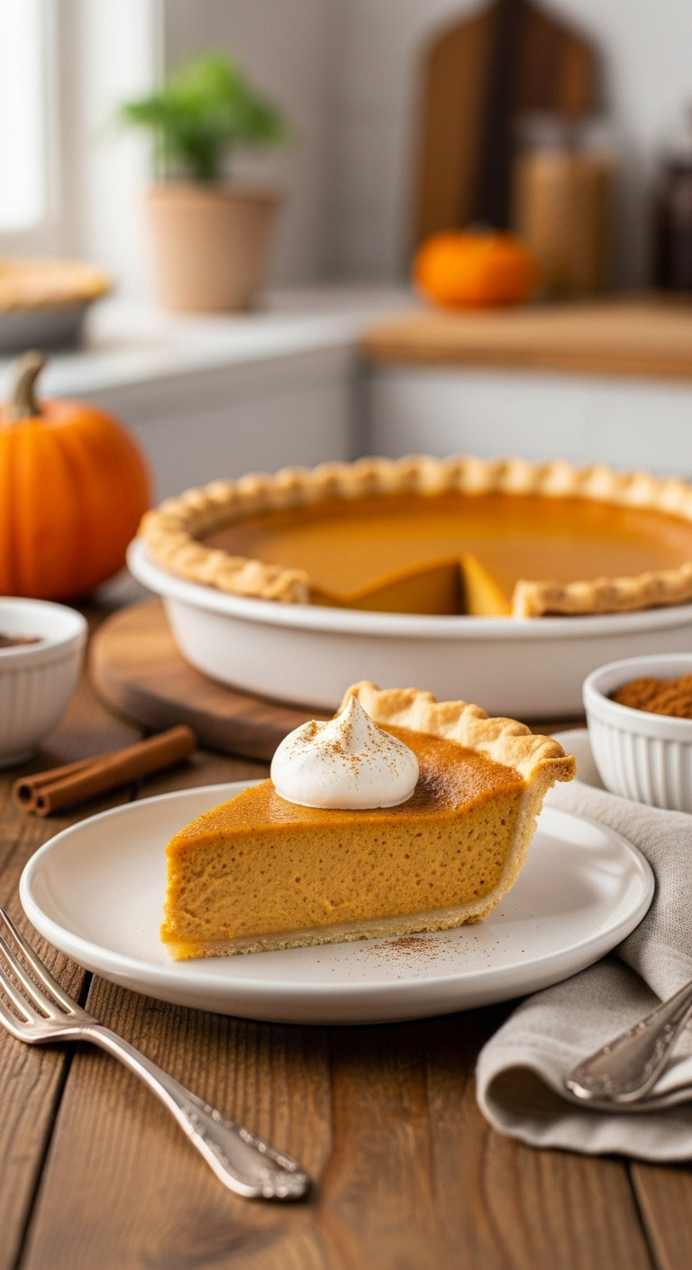 Delicious Classic Pumpkin Pie Slice With Golden Crust, Creamy Orange Filling, Whipped Cream, Cinnamon On A Rustic Table, Soft Autumn Light.