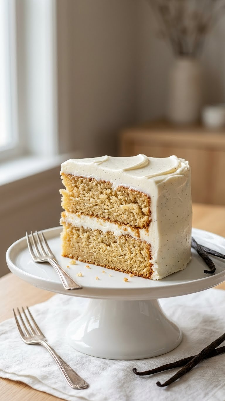Delicious Classic Vanilla Bean Cake With Pristine White Buttercream, Visible Vanilla Specks, And An Elegant Fork, Perfect For Dessert.