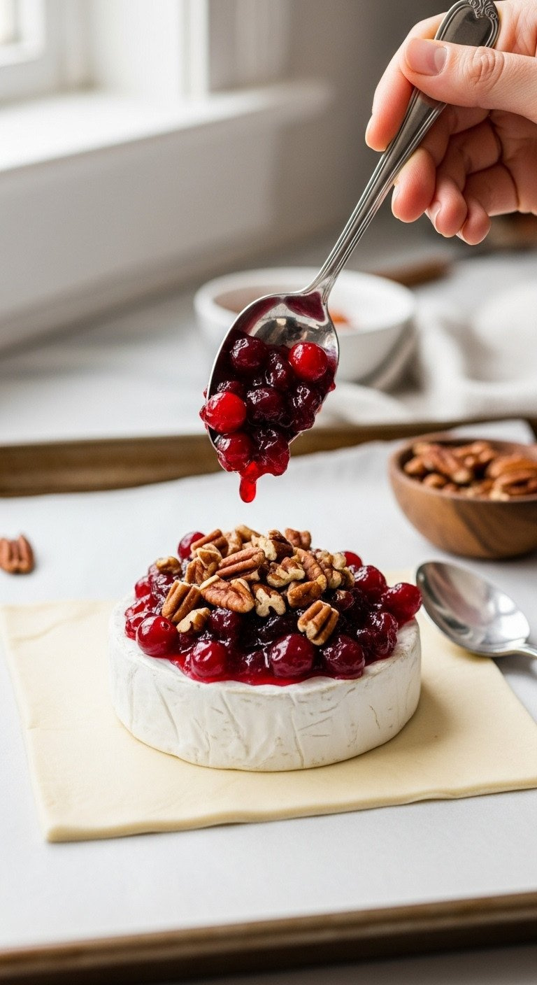Delicious Cranberry Sauce And Toasted Pecans Topping A Brie Wheel On Puff Pastry For A Holiday Baking Recipe.