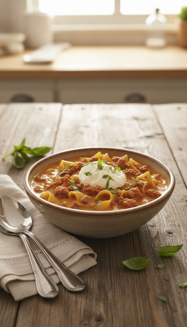 Delicious Creamy Lasagna Soup With Tender Noodles, Ground Beef, Italian Sausage, Ricotta, And Fresh Basil, Invitingly Lit.